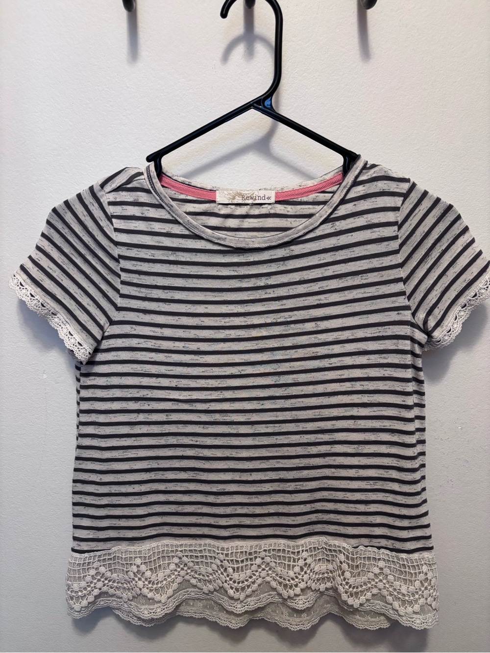 Rewind Gray & Black Striped Short Sleeve Tee with Lace Trim